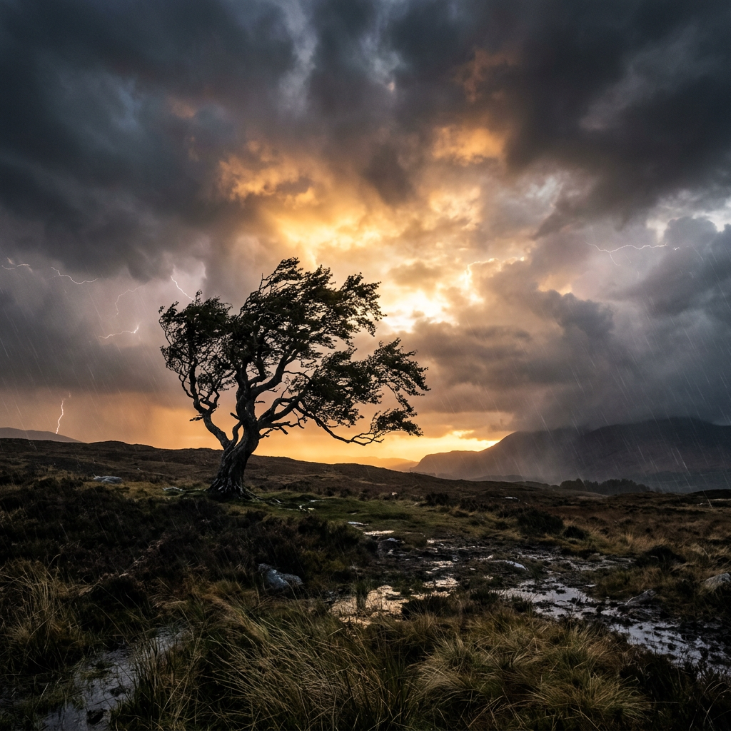 Solitary twisted tree on wet grassland under dark storm clouds with lightning