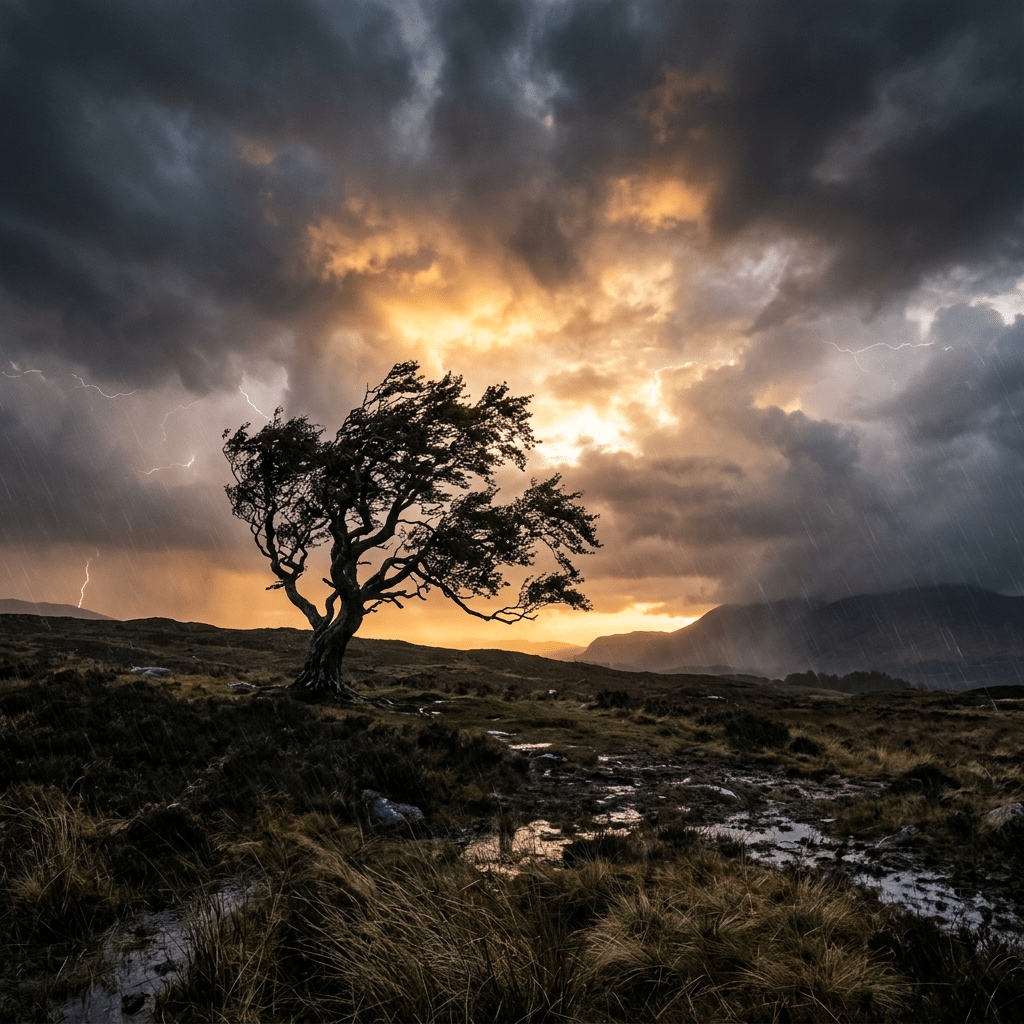 Solitary twisted tree on wet grassland under dark storm clouds with lightning