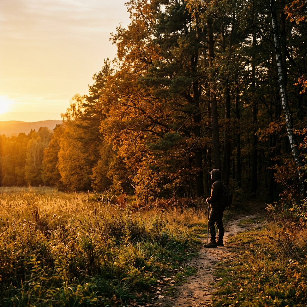 Person standing on a forest path at sunset during autumn